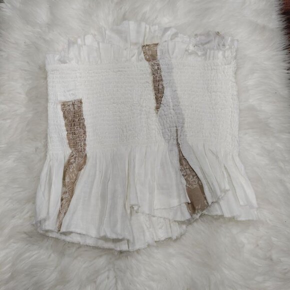 by Anthropologie Strapless Womens Large Smocked Peplum Asymmetric Hem Top White - Picture 9 of 11